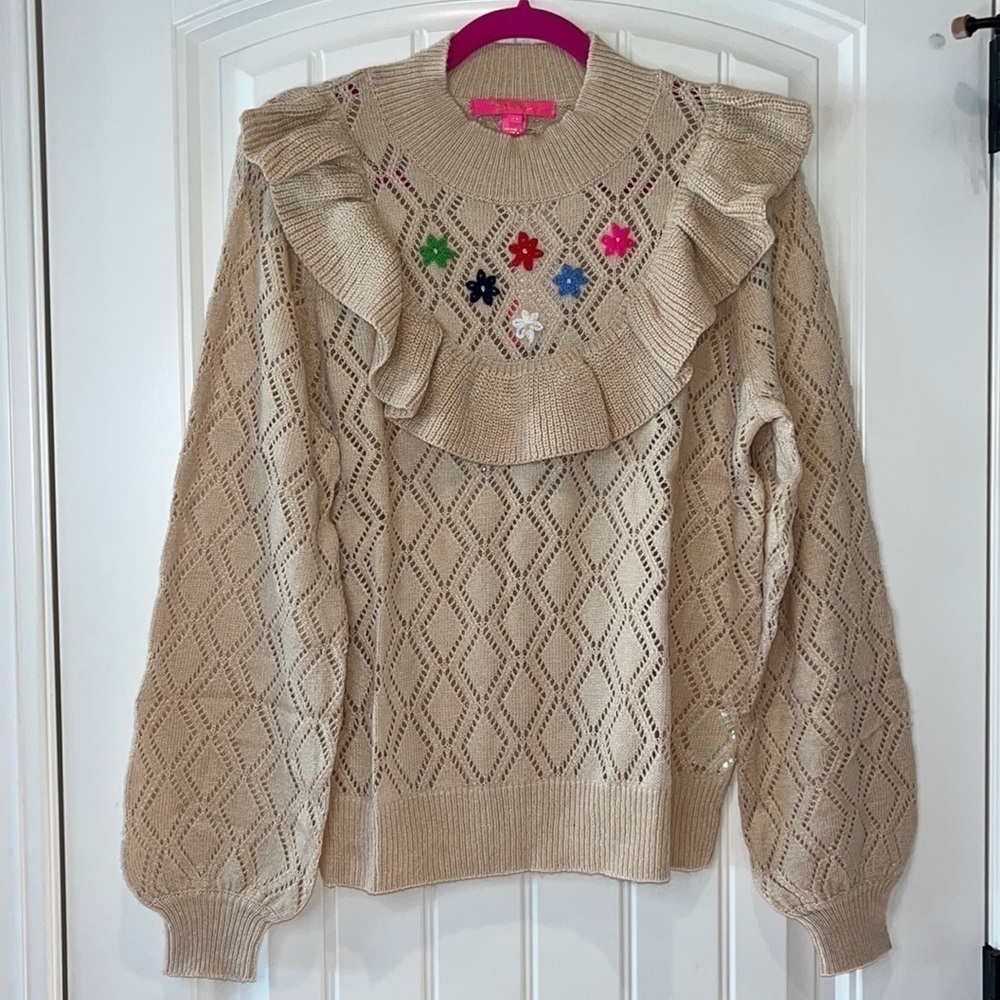 Lilly Pulitzer Bereda Sweater Heathered Sand Bar adorable flower boho NWT XL